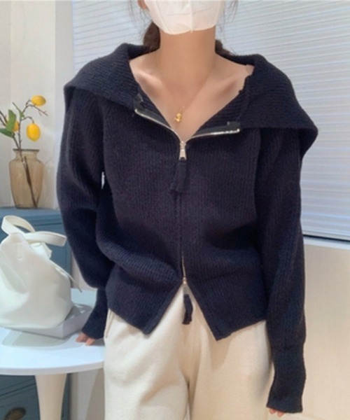 Ritzy(リッツィー)の「ビッグ襟 ダブルジップ ニットカーディガン(ニット/セーター・レディース・ベージュ/グレー/アイボリー/キャメル・FREE)」の12枚目の写真
