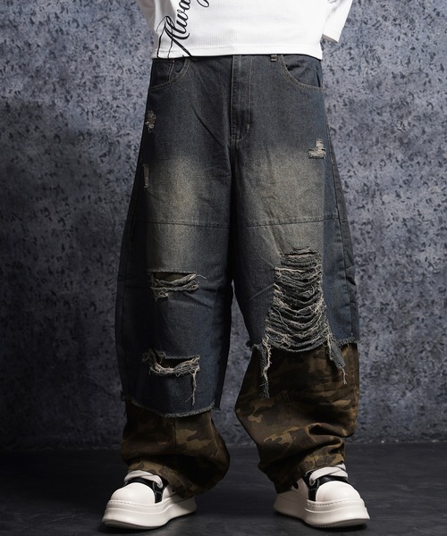 1111clothing(ワンフォークロージング)の「リメイク ダメージデニム / Remake Damage Denim Pants(デニムパンツ・メンズ・ブラック/ネイビー・M/L)」の1枚目の写真