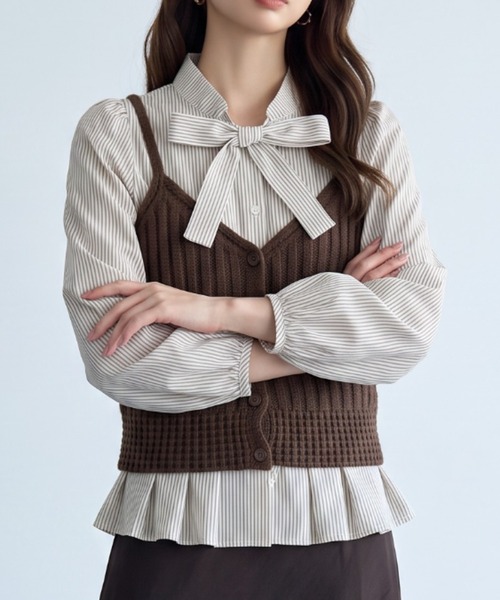 umune（ウムネ）の「一枚で旬のレイヤードが完成♪リボンデザインのニットビスチェセット（アンサンブル・レディース・ホワイト×ブラック/ブラウン/アイボリー・FREE）」の15枚目の写真