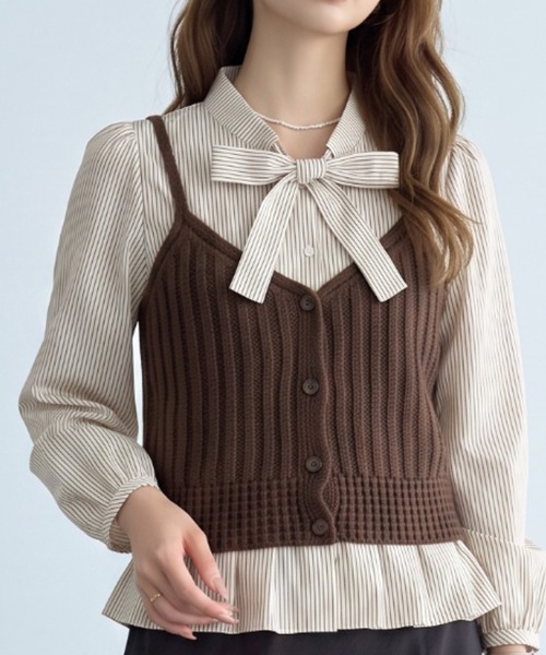 umune（ウムネ）の「一枚で旬のレイヤードが完成♪リボンデザインのニットビスチェセット（アンサンブル・レディース・ホワイト×ブラック/ブラウン/アイボリー・FREE）」の17枚目の写真