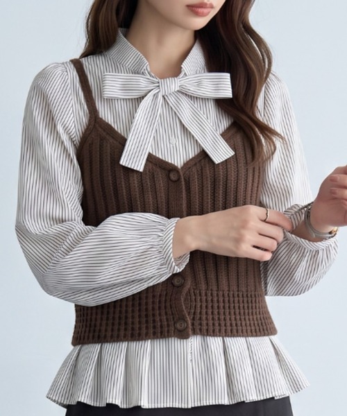 umune（ウムネ）の「一枚で旬のレイヤードが完成♪リボンデザインのニットビスチェセット（アンサンブル・レディース・ホワイト×ブラック/ブラウン/アイボリー・FREE）」の18枚目の写真