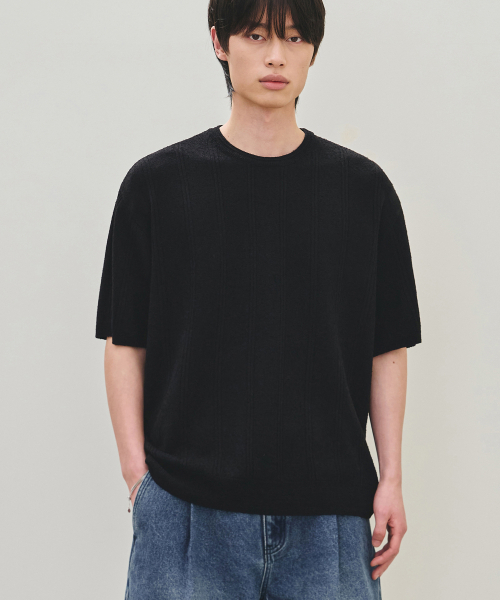 ROTEMBER（ローテンバー）の「ストライプテクスチャーラウンドハーフニット [3 COLOR]（ニット/セーター・メンズ・ブラック/アイボリー/バーガンディー・MEDIUM/X-LARGE/LARGE）」の5枚目の写真