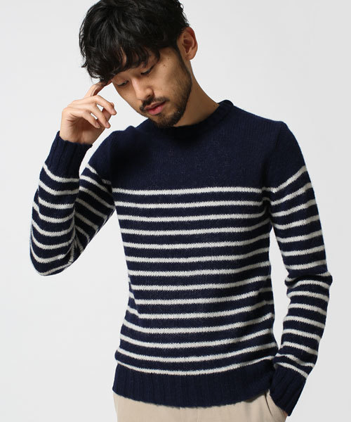 NANO universe（ナノユニバース）の「シェットランドボーダークルーネックニット（ニット/セーター・メンズ・ブルー/ネイビー/オフホワイト/ブラック・MEDIUM/X-LARGE/LARGE/SMALL）」の3枚目の写真