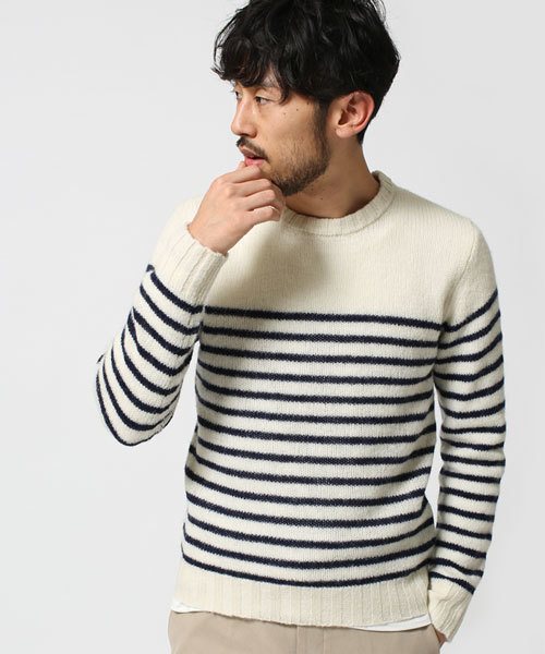 NANO universe（ナノユニバース）の「シェットランドボーダークルーネックニット（ニット/セーター・メンズ・ブルー/ネイビー/オフホワイト/ブラック・MEDIUM/X-LARGE/LARGE/SMALL）」の2枚目の写真