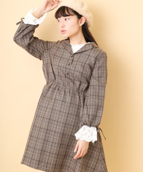 オリーブデオリーブ　ワンピース　チェック オリーブ デ オリーブ OLIVE des OLIVE テレコBIG衿×チェック