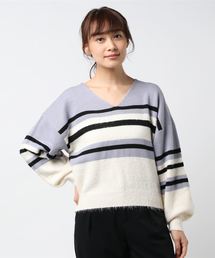 キレイめボーダー×異素材MIXで大人カジュアル！フェザー切り替え☆ランダムマルチボーダーニット/トップス/レディースセーター/長袖[C2987]神戸レタス