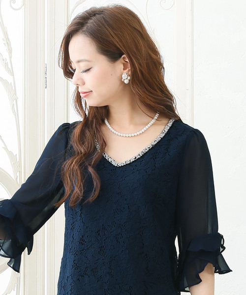 PourVous（プールヴー）の「ミニ丈&七分袖 フォーマル シフォン 大きいサイズ 結婚式 ワンピースドレス オケージョンドレス お呼ばれ 二次会 成人式 （ドレス・レディース・ブラック/ネイビー・L/M/XL/4L/S/XXL）」の12枚目の写真