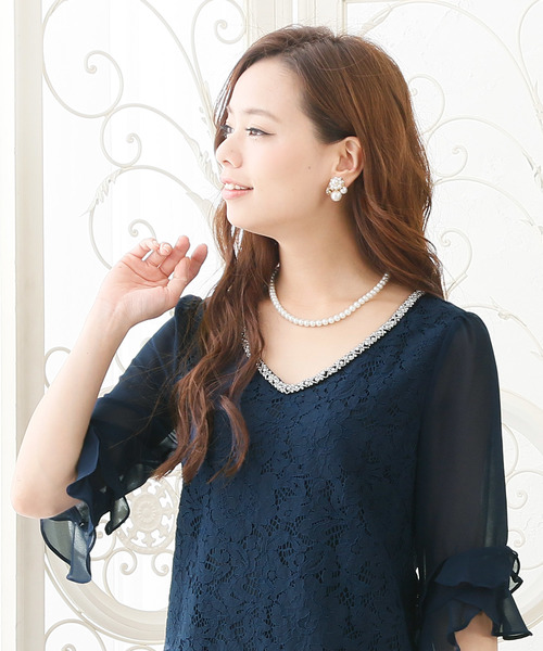 PourVous（プールヴー）の「ミニ丈&七分袖 フォーマル シフォン 大きいサイズ 結婚式 ワンピースドレス オケージョンドレス お呼ばれ 二次会 成人式 （ドレス・レディース・ブラック/ネイビー・L/M/XL/4L/S/XXL）」の6枚目の写真