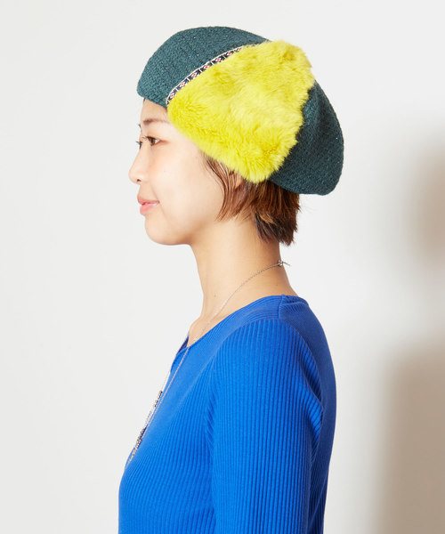 チャイハネ（チャイハネ）の「【チャイハネ】エコファーパッチワークベレー帽（ハンチング/ベレー帽・レディース・ブラック/グリーン・FREE）」の6枚目の写真