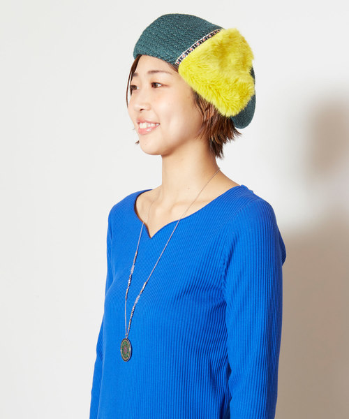 チャイハネ（チャイハネ）の「【チャイハネ】エコファーパッチワークベレー帽（ハンチング/ベレー帽・レディース・ブラック/グリーン・FREE）」の7枚目の写真