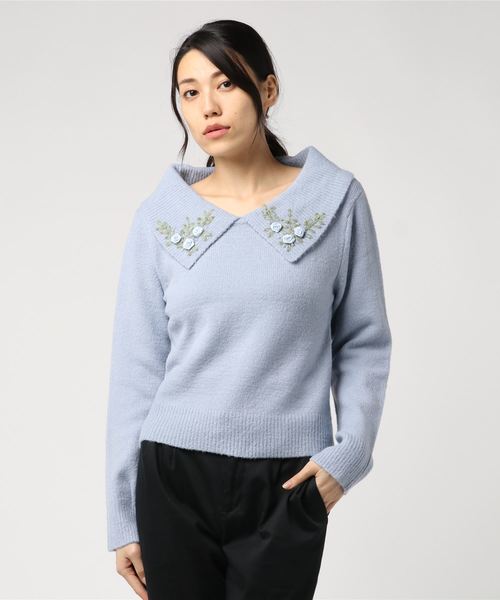 axes femme（アクシーズファム）の「テープ刺繍ニットプルオーバー（ニット/セーター・レディース・ダークグリーン/サックスブルー/ピンク・MEDIUM）」の5枚目の写真