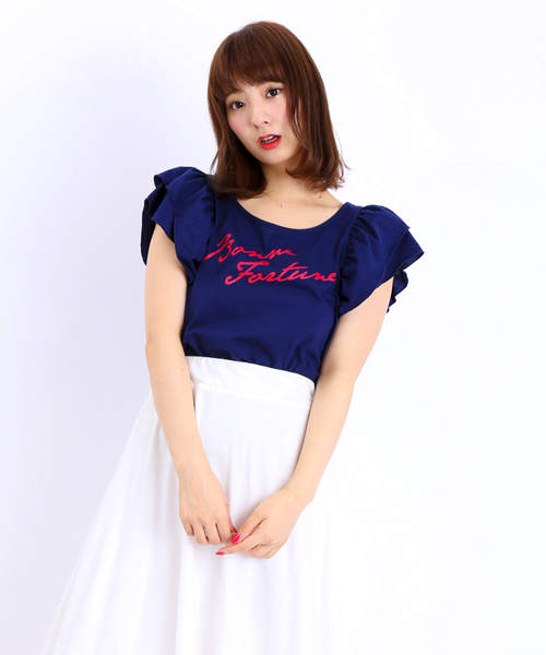 WEGO（ウィゴー）の「WEGO/スリーブフリルプリントTシャツ（Tシャツ/カットソー・レディース・ホワイト/ブルー/ネイビー/レッド・FREE）」の2枚目の写真