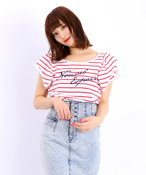 WEGO（ウィゴー）の「WEGO/スリーブフリルプリントTシャツ（Tシャツ/カットソー・レディース・ホワイト/ブルー/ネイビー/レッド・FREE）」の4枚目の写真