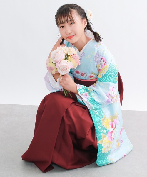 ガールズ 華やかAB 袴4点セット ( 二尺袖 + 帯 + 袴 + 襦袢 ) 花和柄 