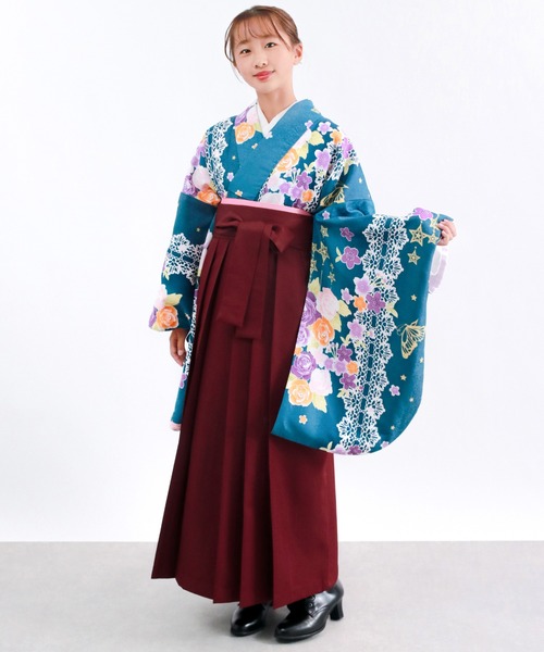 ガールズ 華やかAB 袴4点セット ( 二尺袖 + 帯 + 袴 + 襦袢 ) 花和柄