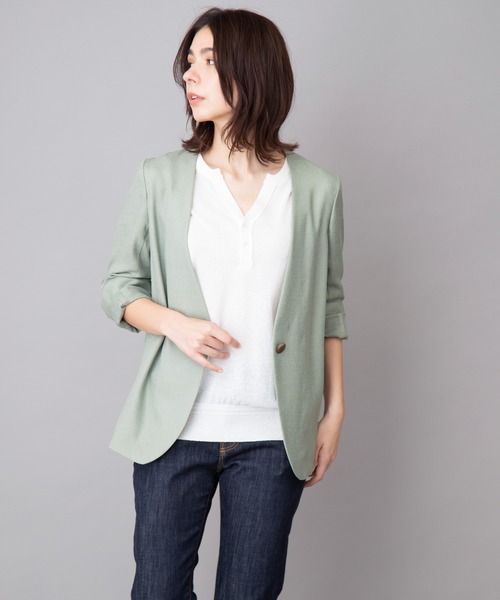 Munich（ミューニック）の「リネンライクトリアセテートノーカラージャケット(セットアップ可）（ノーカラージャケット・レディース・ブラック/ブラウン/ライトグリーン/キナリ・S/XS）」の6枚目の写真