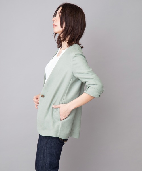 Munich（ミューニック）の「リネンライクトリアセテートノーカラージャケット(セットアップ可）（ノーカラージャケット・レディース・ブラック/ブラウン/ライトグリーン/キナリ・S/XS）」の8枚目の写真