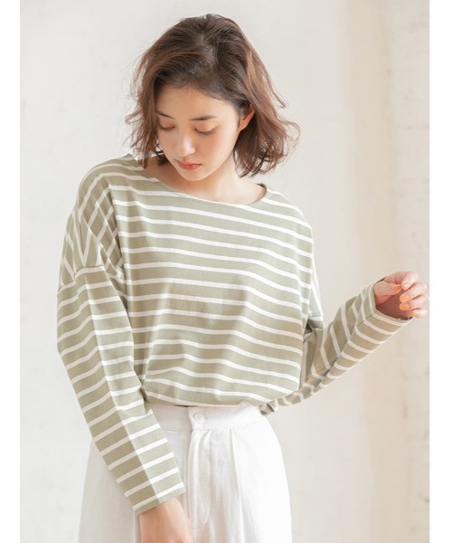 fifth（フィフス）の「オーバーサイズボーダーロンＴ（Tシャツ/カットソー・レディース・ブラック/ライトカーキ・MEDIUM）」の2枚目の写真