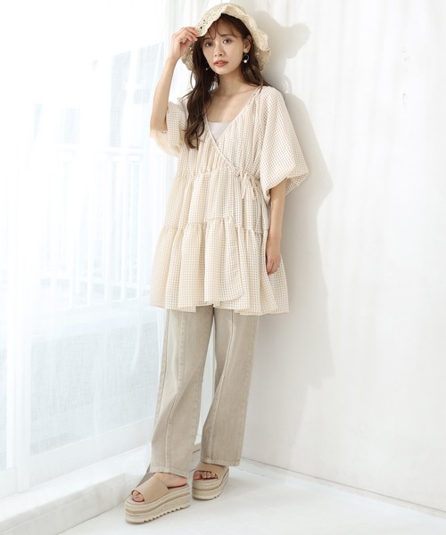 one after another NICE CLAUP（ワンアフターアナザーナイスクラップ）の「３Wayティアードチュニック（チュニック・レディース・ベージュ/オフホワイト/チェック/コーラル・FREE）」の9枚目の写真