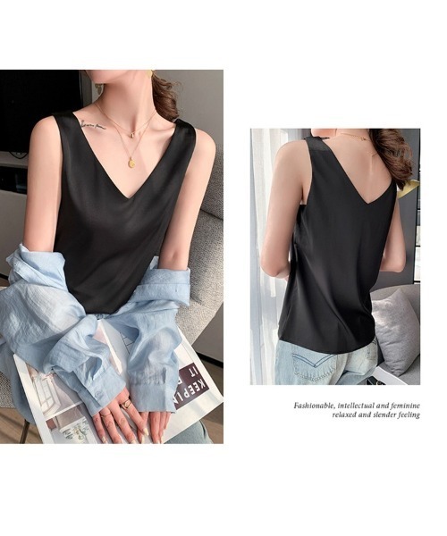 Ritzy(リッツィー)の「大人シルエット シンプル Vネックノースリーブ(Tシャツ/カットソー・レディース・ホワイト/ブラック/ベージュ/ライトグリーン/カーキ/ブラウン/グリーン/ネイビー・S/M/L/XL)」の11枚目の写真