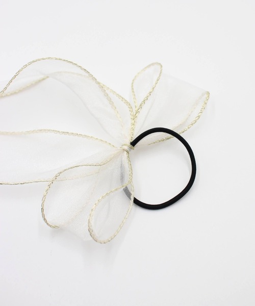 No.37リボンヘアゴム☆ゴールドハートライン☆ホワイト