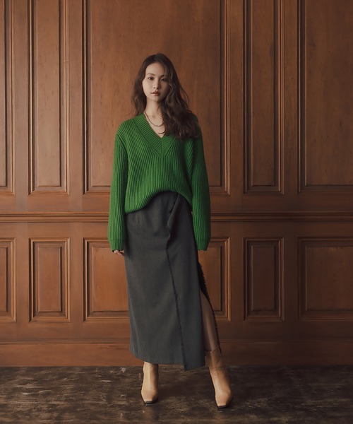 RANDEBOO（ランデブー）の「V neck over knit（ニット/セーター・レディース・チャコールグレー/ベージュ/グリーン・FREE）」の18枚目の写真