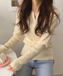 細リブニットキーネックプルオーバー