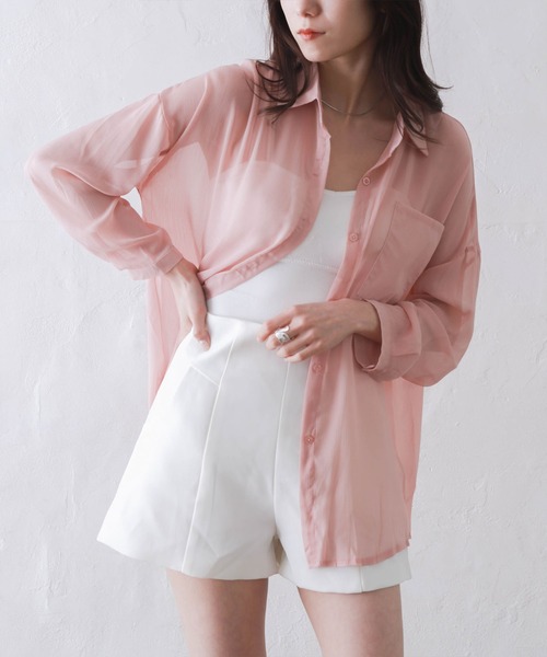 Kotoe(コトエ)の「レディース シアー 長袖 シースルー オーバーサイズ ビッグシャツ(シャツ/ブラウス・レディース・ホワイト/ピンク/グリーン・FREE)」の14枚目の写真