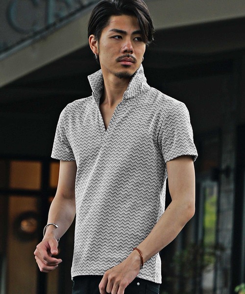 JOKER（ジョーカー）の「【JOKER】ダブルシェブロン柄半袖スキッパーポロ（ポロシャツ・メンズ・グレー/オフホワイト・M/L/XL）」の10枚目の写真