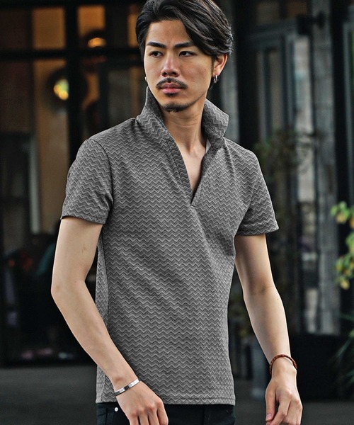 JOKER（ジョーカー）の「【JOKER】ダブルシェブロン柄半袖スキッパーポロ（ポロシャツ・メンズ・グレー/オフホワイト・M/L/XL）」の5枚目の写真