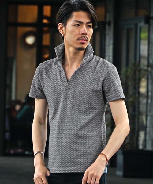 JOKER（ジョーカー）の「【JOKER】ダブルシェブロン柄半袖スキッパーポロ（ポロシャツ・メンズ・グレー/オフホワイト・M/L/XL）」の4枚目の写真