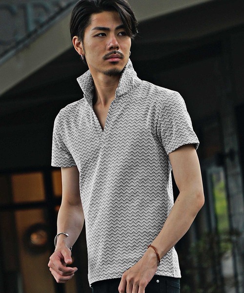 JOKER（ジョーカー）の「【JOKER】ダブルシェブロン柄半袖スキッパーポロ（ポロシャツ・メンズ・グレー/オフホワイト・M/L/XL）」の3枚目の写真