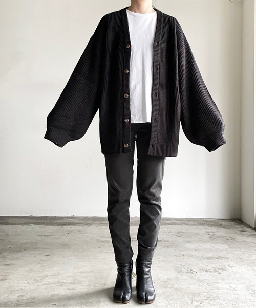 COMMONWARE:RIB STITCH KNIT BALOON SLEEVE LOOSE CARDIGAN/畦編み ニット バルーンスリーブ ルーズシルエット カーディガン