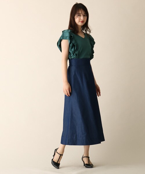 OPAQUE.CLIP（オペークドットクリップ）の「◆デニムシャンブレーフレアスカート（スカート・レディース・ガンメタ/ネイビー系3・38/36）」の14枚目の写真