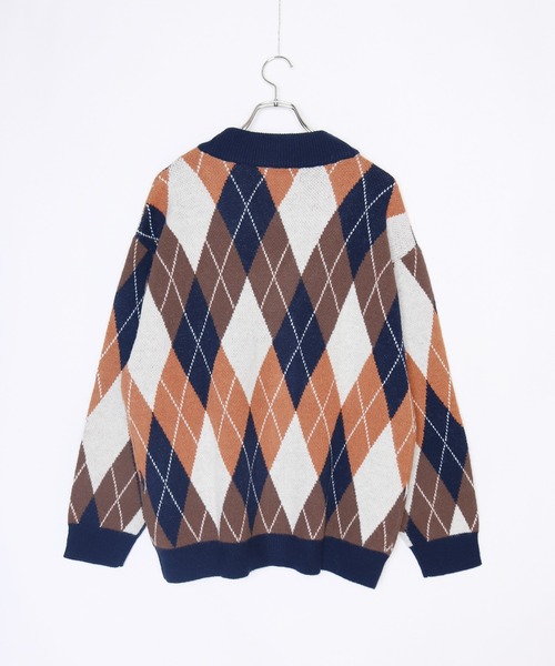もちもちタッチ アーガイル柄 オーバーサイズ Vネックニット