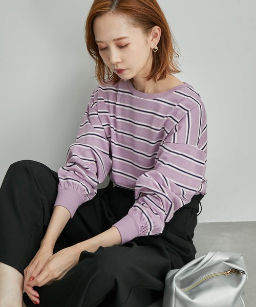 ROPE' PICNIC(ロペピクニック)の「【一部店舗限定】クレリック長袖ボーダーカットトップス(Tシャツ/カットソー・レディース・ホワイト/チャコールグレー/ダークパープル/グリーン系その他2・38)」の4枚目の写真
