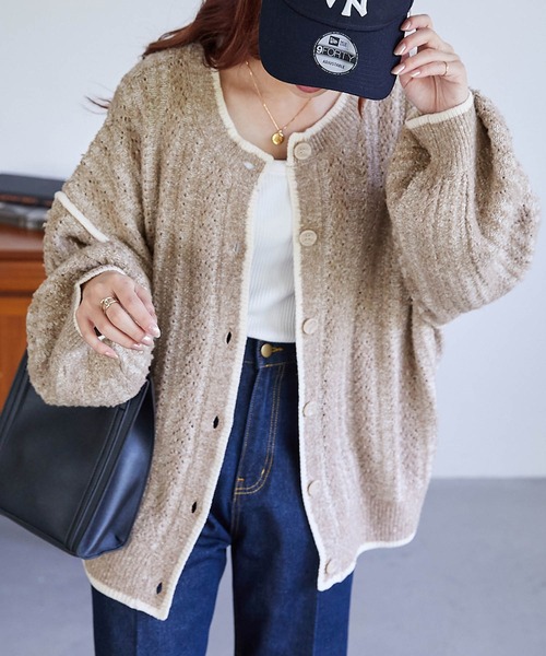 Chaco closet（チャコ クローゼット）の「ブークレケーブル編みバイカラーデザインカーディガン（カーディガン/ボレロ・レディース・ベージュ/グリーン/レッド/ブラック/ブルー・FREE）」の2枚目の写真