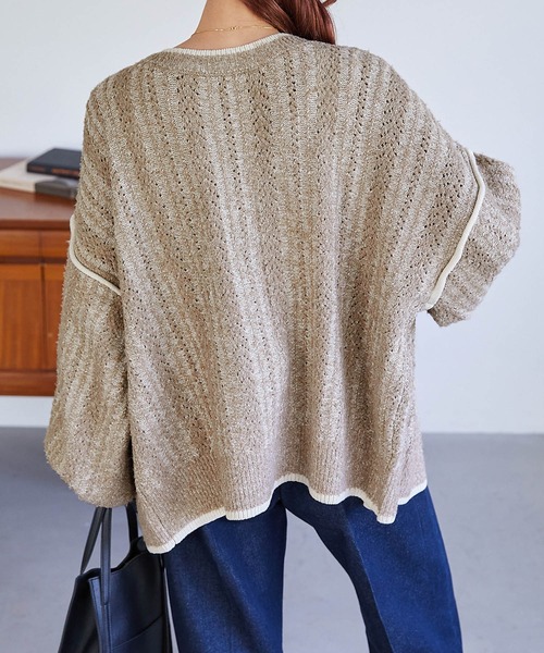 Chaco closet（チャコ クローゼット）の「ブークレケーブル編みバイカラーデザインカーディガン（カーディガン/ボレロ・レディース・ベージュ/グリーン/レッド/ブラック/ブルー・FREE）」の8枚目の写真