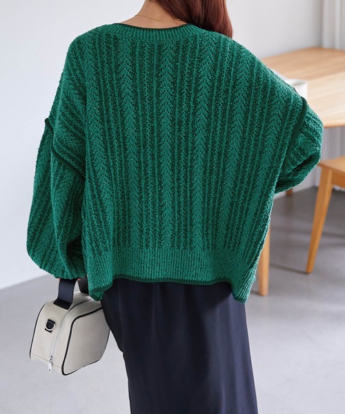 Chaco closet（チャコ クローゼット）の「ブークレケーブル編みバイカラーデザインカーディガン（カーディガン/ボレロ・レディース・ベージュ/グリーン/レッド/ブラック/ブルー・FREE）」の16枚目の写真