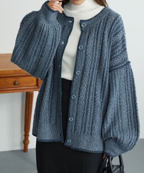 Chaco closet（チャコ クローゼット）の「ブークレケーブル編みバイカラーデザインカーディガン（カーディガン/ボレロ・レディース・ベージュ/グリーン/レッド/ブラック/ブルー・FREE）」の10枚目の写真