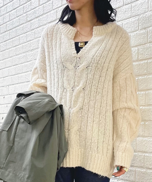 Hug O War クロスアンドクロス アルパカミックスケーブル編みニット