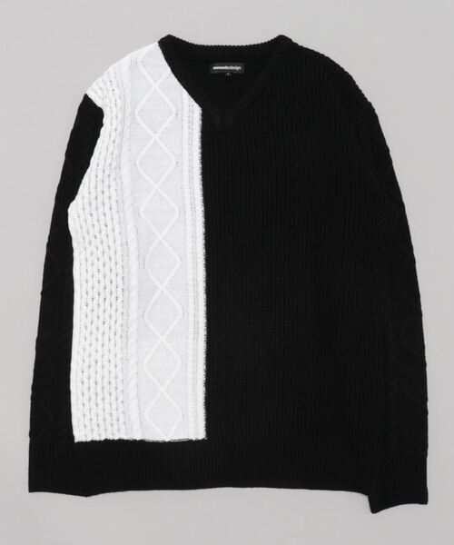 semantic design（セマンティックデザイン）の「【ハンドウォッシャブル】セマンティックデザイン 編地切替 Vネックニット（ニット/セーター・メンズ・ブラック/ホワイト・MEDIUM/LARGE/X-LARGE/S）」の4枚目の写真