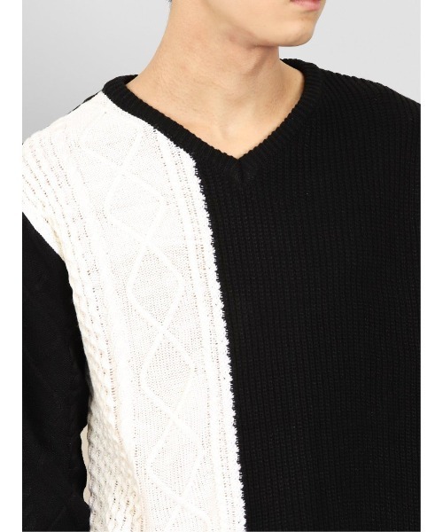 semantic design（セマンティックデザイン）の「【ハンドウォッシャブル】セマンティックデザイン 編地切替 Vネックニット（ニット/セーター・メンズ・ブラック/ホワイト・MEDIUM/LARGE/X-LARGE/S）」の8枚目の写真