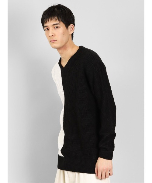 semantic design（セマンティックデザイン）の「【ハンドウォッシャブル】セマンティックデザイン 編地切替 Vネックニット（ニット/セーター・メンズ・ブラック/ホワイト・MEDIUM/LARGE/X-LARGE/S）」の11枚目の写真