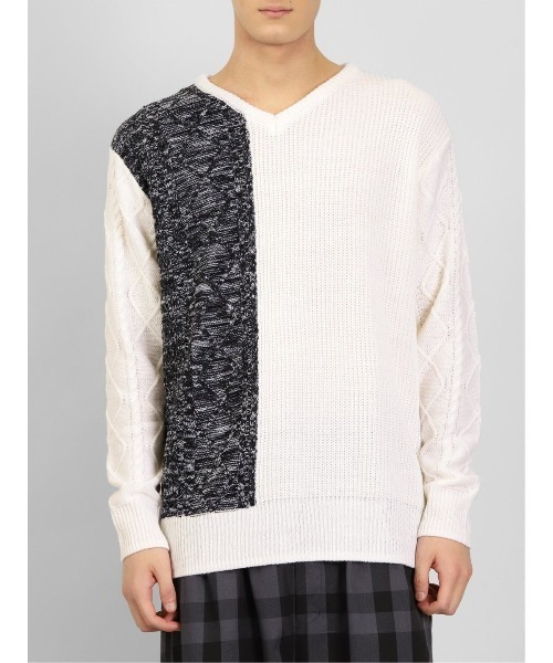 semantic design（セマンティックデザイン）の「【ハンドウォッシャブル】セマンティックデザイン 編地切替 Vネックニット（ニット/セーター・メンズ・ブラック/ホワイト・MEDIUM/LARGE/X-LARGE/S）」の16枚目の写真