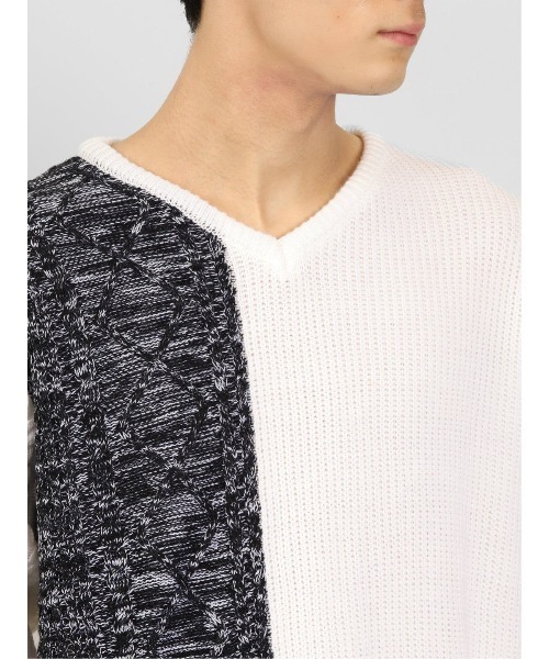 semantic design（セマンティックデザイン）の「【ハンドウォッシャブル】セマンティックデザイン 編地切替 Vネックニット（ニット/セーター・メンズ・ブラック/ホワイト・MEDIUM/LARGE/X-LARGE/S）」の19枚目の写真
