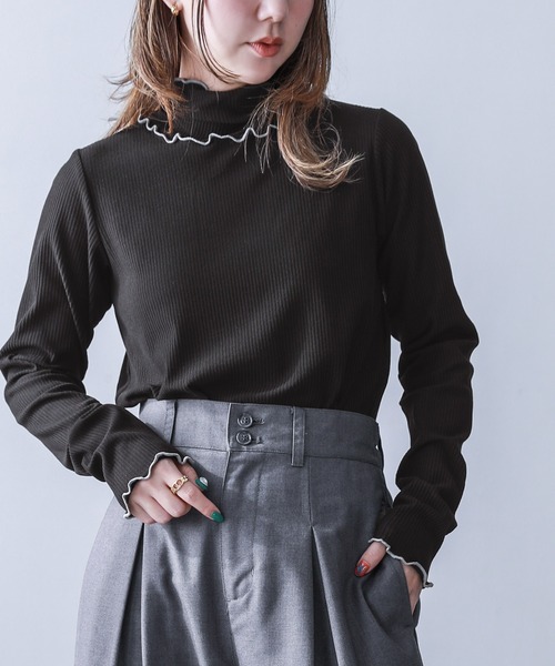 n'OrLABEL（ノアールレーベル）の「『裏起毛配色メローリブタートルネックカットソー』（Tシャツ/カットソー・レディース・チャコール/ブルーグリーン/レッド/ライトグリーン/ベージュ/ブラック/ラベンダー・M/L/LL）」の14枚目の写真