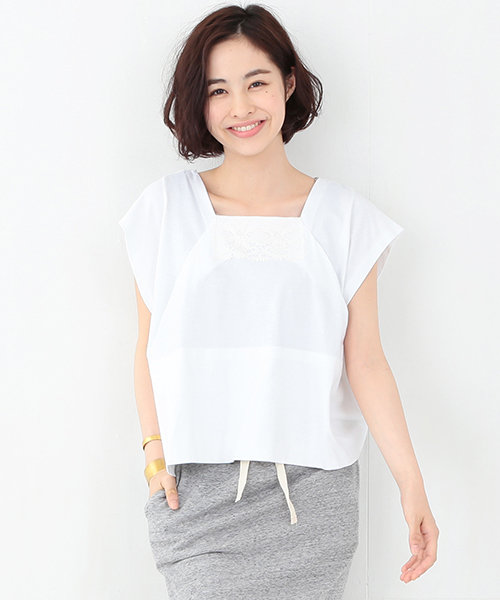 les Briqu'a braque（レブリカブラック）の「○les Briqu’a braque / スクエアネック レース ショートスリーブ（Tシャツ/カットソー・レディース・ホワイト/ネイビー・ONE SIZE）」の2枚目の写真
