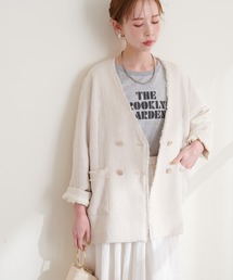 natural couture | 金釦ツィードWブレストジャケット(ノーカラージャケット)