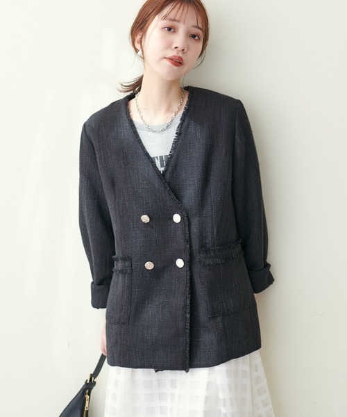 natural couture（ナチュラルクチュール）の「金釦ツィードWブレストジャケット（ノーカラージャケット・レディース・アイボリー/ミント/ブラック・FREE）」の15枚目の写真